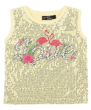 Actuel Sleeveless Sequin Tropical Love Printed Top - Light Yellow