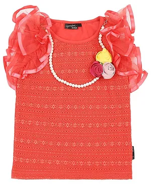 Actuel Sleeveless Floral Embroidered Top - Coral Pink