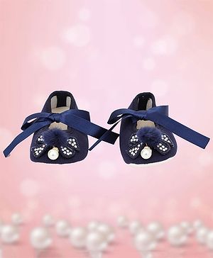 Coco Candy Stones Bow & Furry Pom Pom Detailing Ribbon Tie Up Party Wear Booties - Blue