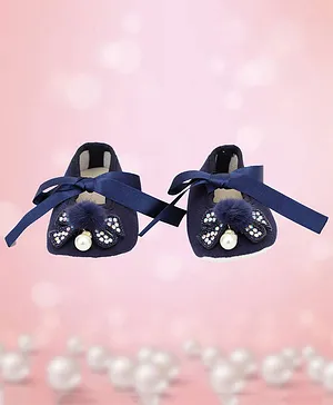 Coco Candy Stones Bow & Furry Pom Pom Detailing Ribbon Tie Up Party Wear Booties - Blue