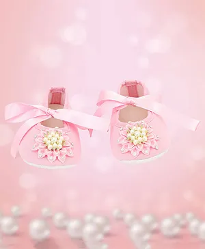 Coco Candy Stones & Pearls Embellished Floral Detail Ribbon Tie Up Party Wear Booties - Pink
