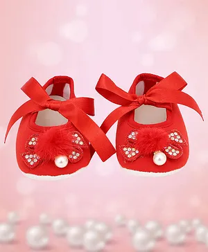 Coco Candy Stones Bow & Furry Pom Pom Detailing Ribbon Tie Up Party Wear Booties - Red