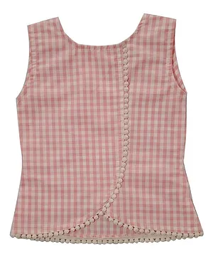 Snowflakes Sleeveless Pom Pom Lace & Overlap Detailing Gingham Chequered Top - Pink