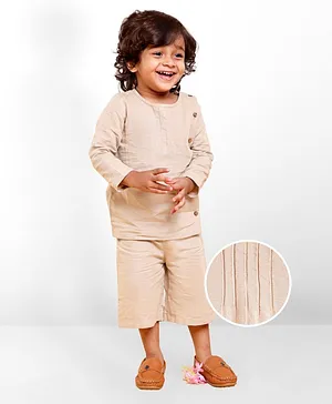 Earthy Touch   Full Sleeves Linen Blend Solid T-Shirt & Shorts - Beige