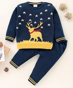 Babyhug Full Sleeves Sweater Set Intarsia Design - Blue