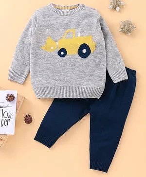 Babyhug Full Sleeves Knit Sweater Set Construction Vehicle Print - Grey
