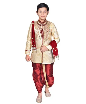 JOLEY POLEY Full Sleeves Paisley Design Sherwani With Pants & Dupatta - Golden