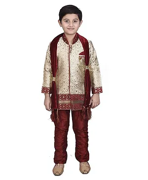 JOLEY POLEY Full Sleeves Self Design Sherwani With Churidaar & Dupatta - Golden & Red
