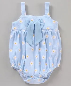 Babyhug 100% Cotton Knit Sleeveless Floral Printed With Bow Applique Onesies - Blue