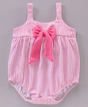 Babyhug 100% Cotton Singlet Sleeves Onesie Striped with Bow Applique- Pink
