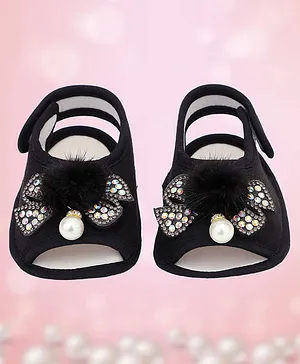 Coco Candy Stones Bow & Furry Pom Pom Detailing Party Wear Booties - Black