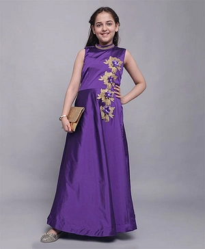 Bolly Lounge Sleeveless Stone Embellished Lacey Floral Applique Detailing Gown - Purple