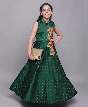 Bolly Lounge Sleeveless Taffeta Silk Jacquard Butti Flared Gown With Floral Embellishment & Applique - Green