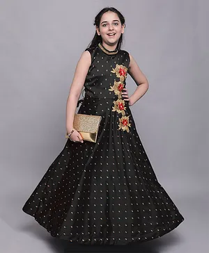 Bolly Lounge Sleeveless Taffeta Silk Jacquard Butti Flared Gown With Floral Embellishment & Applique - Black