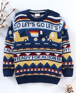 Babyhug Full Sleeves Knit Jacquard Sweater - Navy