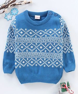 Babyhug Full Sleeves Knit Jacquard Sweater - Blue