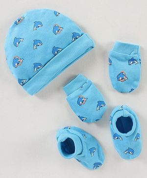Babyhug 100% Cotton Cap Mitten & Booties Set Dolphin Print Blue - Diameter 12 cm