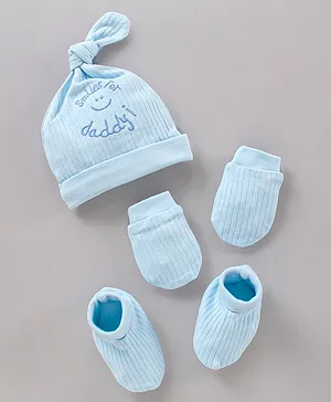 Babyhug 100% Cotton Cap Mitten & Booties Set Solid & Embroidered Blue - Diameter 15 cm