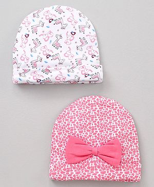 Babyhug 100 % Cotton Caps Printed Pack Of 2 White Pink - Diameter 10.5 cm
