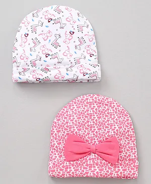 Babyhug 100 % Cotton Caps Printed Pack Of 2 White Pink - Diameter 10.5 cm