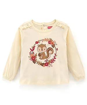 Babyhug Cotton Full Sleeves Frill Detailing T-Shirt Squirrel Print - Cream