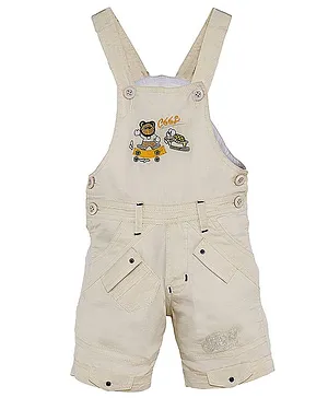 FirstClap Sleeveless Solid Bear Embroidered Detail Dungaree - Off White