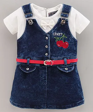 Enfance Half Sleeves Bow Detail Tee With Cherry Embroidered Dungaree Style Denim Dress - White