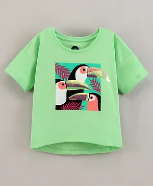 Vitamins Half Sleeves Embellished Parrot Print Top - Green