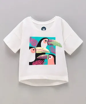 Vitamins Half Sleeves Embellished Parrot Print Top - White