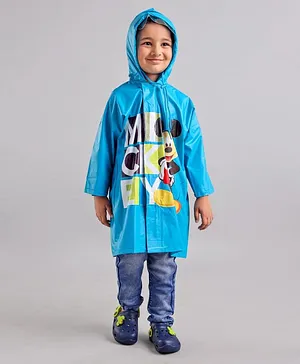 Babyhug Full Sleeves Hooded Raincoat Disney Mickey Mouse Print - Blue