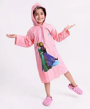 Babyhug PVC Full Sleeves Hooded Raincoat Disney Frozen Print - Pink