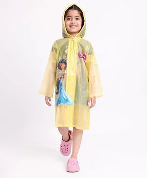 Babyhug PVC Full Sleeves Hooded Raincoat Princess Jasmine Print - Yellow