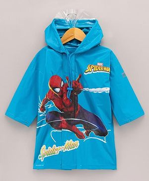Babyhug PVC Full Sleeves Hooded Raincoat Spiderman Print - Blue