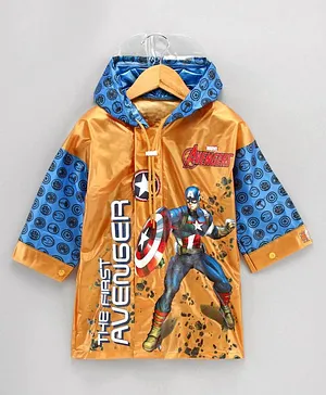 Babyhug Full Sleeves Hooded Raincoat Marvel Avengers Print - Blue Yellow