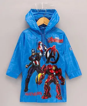 Babyhug Full Sleeves Hooded Raincoat Marvel Avengers Print - Blue