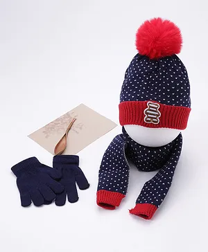 Babyhug Woollen Cap,Gloves With Muffler Navy - Cap Diameter 9 cm