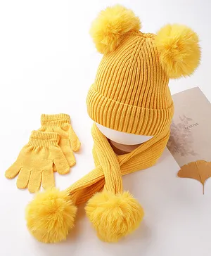 Babyhug Woollen Cap Gloves With Muffler Yellow - Circumference 37 cm