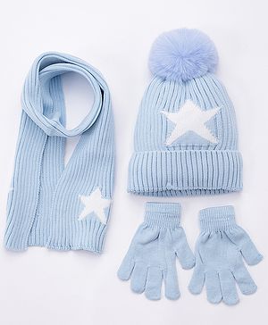 Babyhug Woollen Cap Gloves With Muffler Star Print Blue - Cap Diameter 10 cm