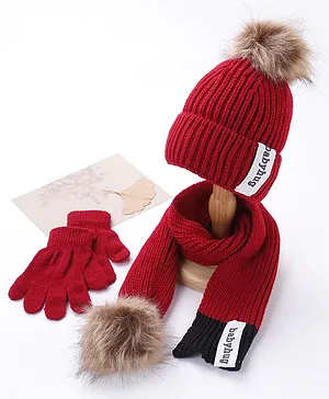 Babyhug Woollen Cap Gloves With Muffler Solid Red - Cap Diameter 10 cm