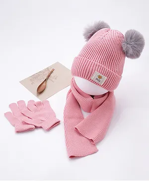 Babyhug Woollen Cap Gloves With Muffler Pink - Cap Diameter 10 cm