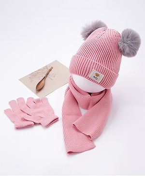 Babyhug Woollen Cap Gloves With Muffler Pink - Cap Diameter 11 cm - M Pink