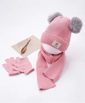 Babyhug Woollen Cap Gloves With Muffler Pink - Cap Diameter 11 cm