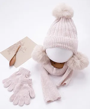 Babyhug Woollen Cap Muffler & Hand Gloves Off White - Diameter 12 cm