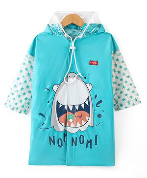 Babyhug Full Sleeves Hooded Raincoat Shark Print - Blue