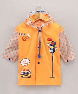 Babyhug Full Sleeves Hooded Raincoat Car Print - Orange - 22 Orange