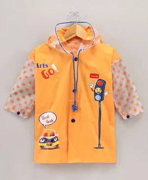 Babyhug Full Sleeves Hooded Raincoat Car Print - Orange