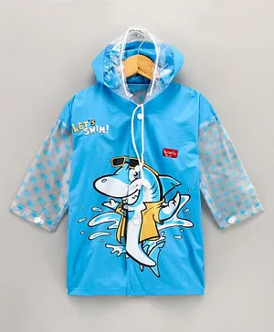 Babyhug Full Sleeves Hooded Raincoat Shark Print - Blue