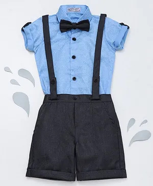 Knotty Kids Half Sleeves Printed Bow Applique Shirt With Shorts - Blue Grey