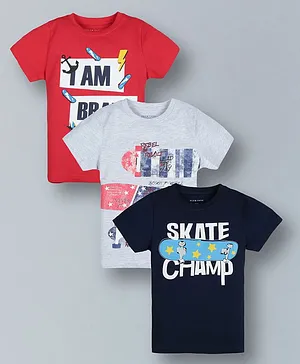 Plum Tree Half Sleeves Pack Of 3 Skate Champ Print Tees - Grey Red Blue