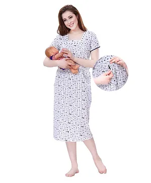 Piu Half Sleeves I Love Mom Dad Print Maternity Feeding Nighty - White
